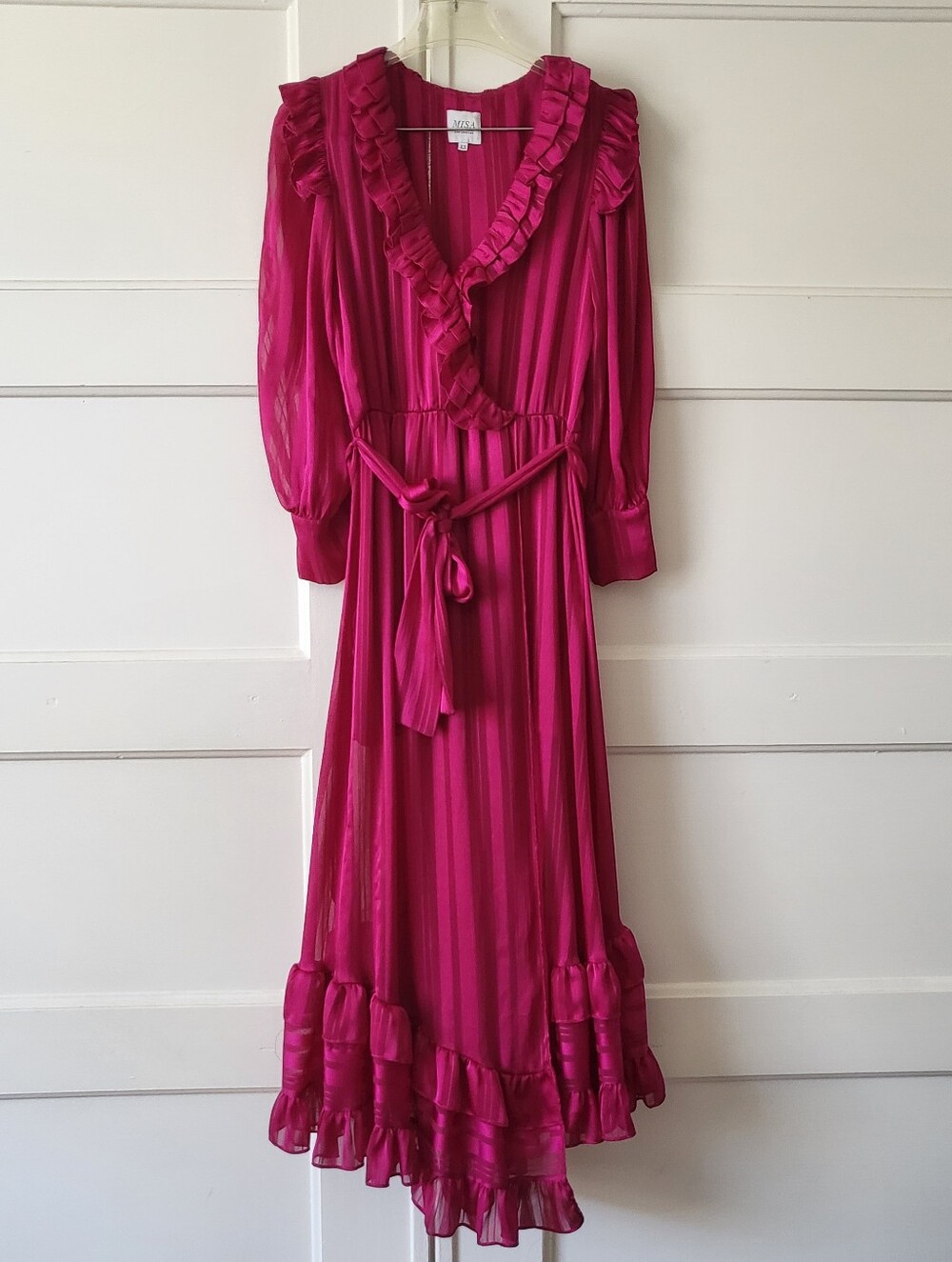 Misa Los Angeles Fuchsia Long Sleeve Ruffled Striped Wrap Maxi Dress Size XS
